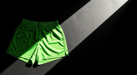 Bright green athletic shorts in dramatic lighting on dark surfaceの素材