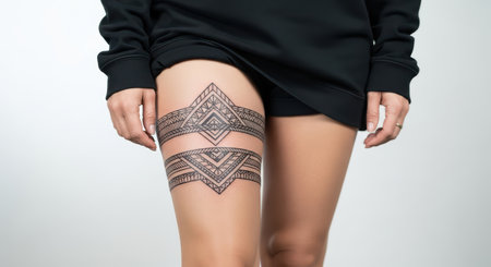 Geometric thigh tattoo on female adult in black outfitの素材