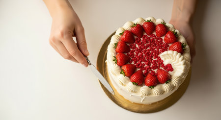Top view of strawberry topped cake with caucasian young female hands slicingの素材