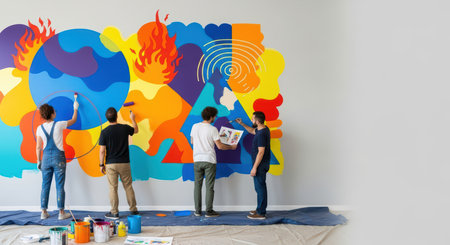 Creative team painting colorful abstract mural with geometric shapes and flamesの素材