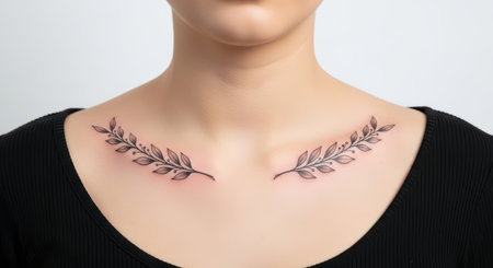 Minimalist leaf tattoo on young caucasian female's collarboneの素材