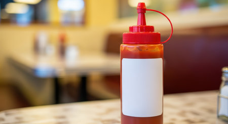 Red ketchup bottle on diner table with blurred backgroundの素材