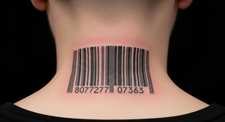 Barcode neck tattoo on young caucasian male with black backgroundの素材