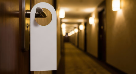 Empty hotel corridor with blank door hanger on modern wooden doorの素材
