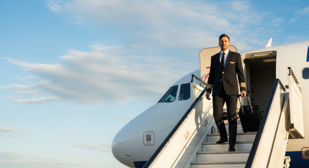 Young caucasian male pilot in uniform descending stairs from airplaneの素材