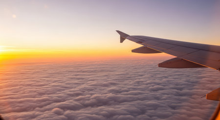 Airplane wing over sunset clouds with vibrant skyの素材