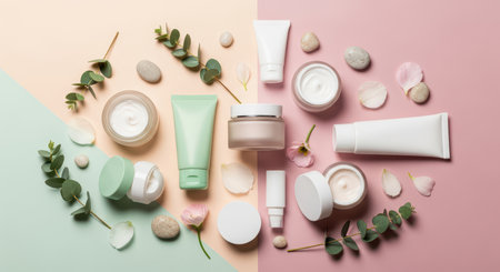 Assorted skincare products with eucalyptus and stone accents on pastel backgroundsの素材