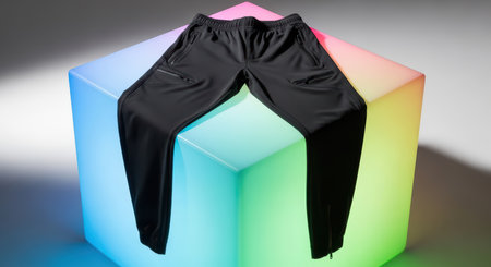 Black joggers on multicolored light cube backgroundの素材