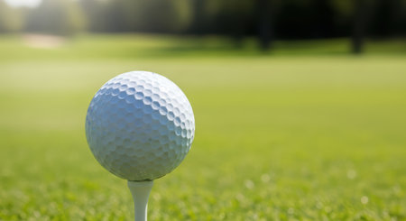 Golf ball on tee with green blurred background in sunlightの素材