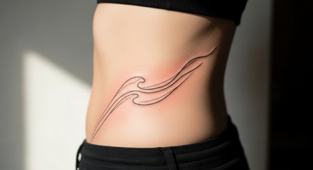 Elegant black line tattoo on female asian adult's rib cageの素材