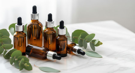 Amber glass dropper bottles with eucalyptus leaves on marble backgroundの素材