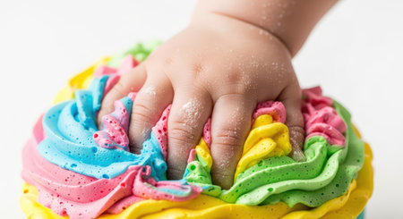 Baby hand pressing colorful icing swirl on cupcakeの素材