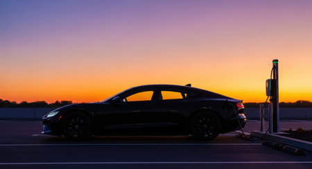 Electric car charging at sunset in parking lotの素材