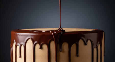 Decadent chocolate drip cake with smooth frosting against dark backgroundの素材
