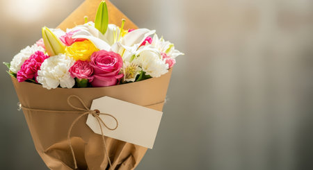 Vibrant bouquet of mixed flowers with blank tag and soft backgroundの素材