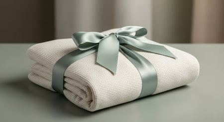 Elegant gift set of folded white towels tied with a stylish light green ribbonの素材