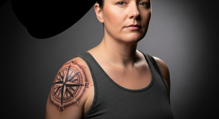 Young caucasian female with compass tattoo on shoulder in studio portraitの素材