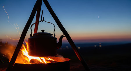 Rustic camping scene with kettle over fire at sunsetの素材