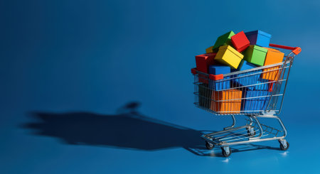 Multicolored boxes in shopping cart on blue backgroundの素材