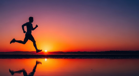 Silhouette of young caucasian male running at sunset by the beachの素材