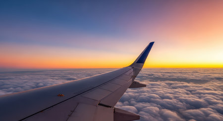 Wing view of airplane cruising above clouds at sunset with vibrant skyの素材