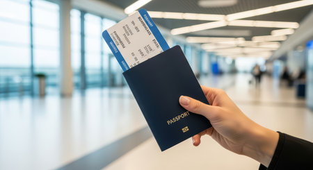 Female hand holding passport with boarding pass at airport terminalの素材