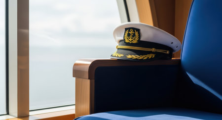 Captain's hat on blue seat near ship window with ocean viewの素材