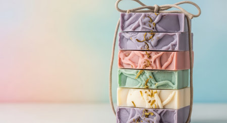 Stack of colorful handmade soap bars with lavender and floral designs on pastel backgroundの素材
