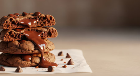 Stack of chocolate chip cookies with melted chocolate dripping on parchment paperの素材