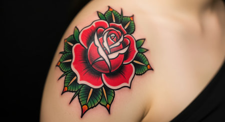 Vibrant red rose tattoo on female's shoulder with green leavesの素材
