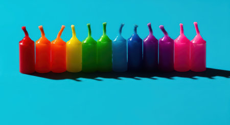 Colorful birthday candles in rainbow order on blue backgroundの素材