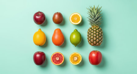 Colorful assortment of fresh fruits on mint green backgroundの素材