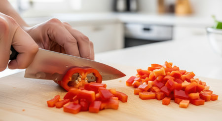 Slicing red bell pepper on wooden cutting board in modern kitchenの素材