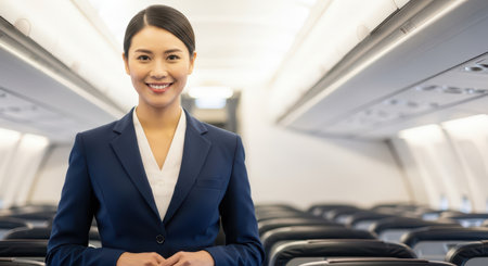 Asian female flight attendant smiling in airplane cabin interiorの素材