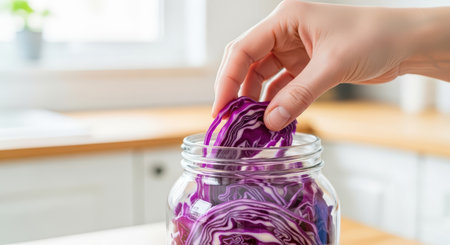 Caucasian female adult hand placing purple cabbage in jar for pickling in kitchenの素材