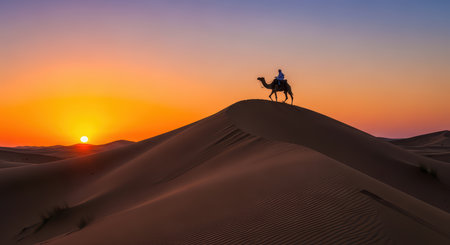 Silhouette of camel rider at sunset on majestic desert duneの素材