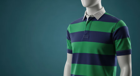 Striped green and blue polo shirt on mannequin with teal backgroundの素材