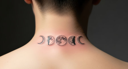 Crescent moon phases tattoo on neck of caucasian female adultの素材