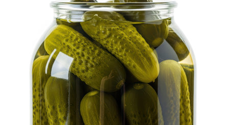 Glass jar filled with fresh pickles in brineの素材