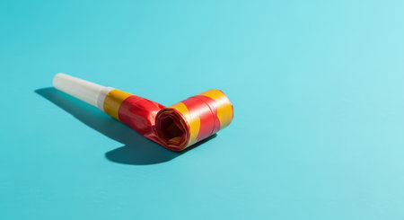 Colorful party blower on blue backgroundの素材