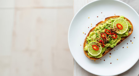 Avocado toast with lime and red chilies on sourdoughの素材