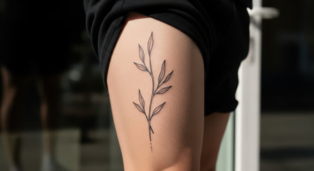 Close-up of minimalist leaf tattoo on female's thighの素材