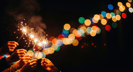 Hands holding sparklers against colorful bokeh background at nightの素材