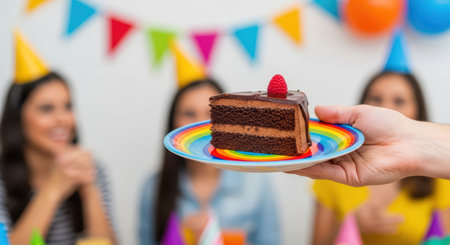 Birthday celebration with chocolate cake slice and colorful party decorの素材