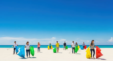 Diverse group of young adults cleaning beach with colorful bags under clear blue skyの素材