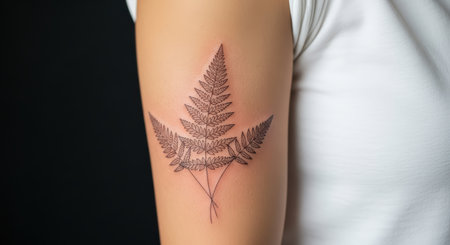 Minimal fern tattoo on female arm in white shirt against black backgroundの素材
