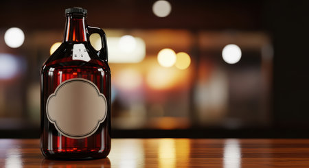 Amber glass jug with blank label on wooden table in cozy ambient lightingの素材