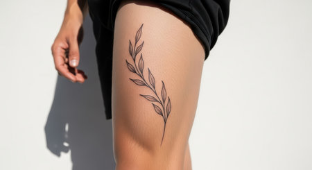 Female with leaf tattoo on thigh against white backgroundの素材