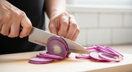 Caucasian adult female slicing red onion in kitchen settingの素材
