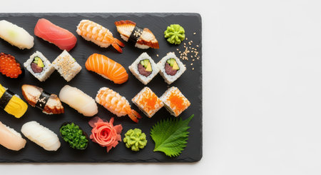 Assorted sushi set on slate plate with nigiri, rolls, and garnishesの素材